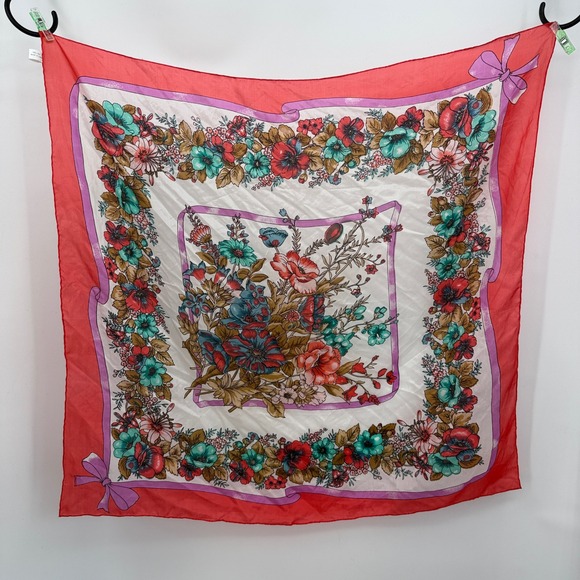 Vintage Floral Silk Scarf Hand Rolled Women's Red‎ Teal Pink Cottage Roses - Picture 2 of 8